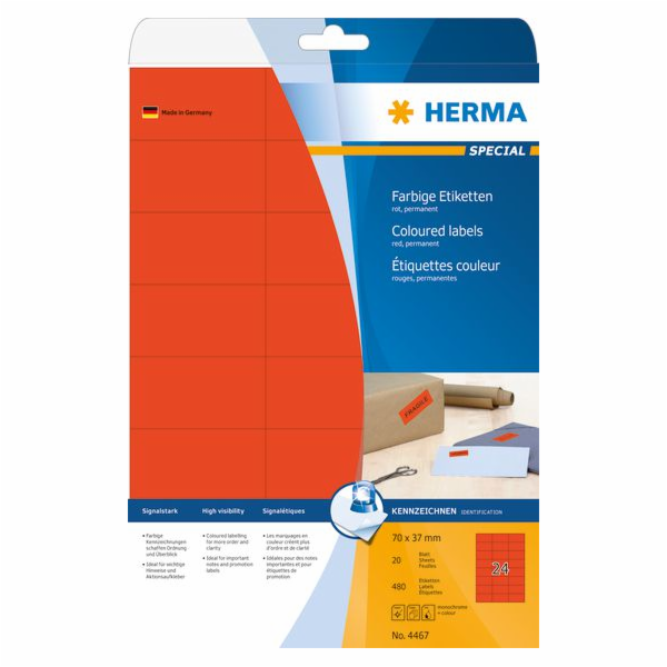 Herma Color etikety 4467, A4, 70 x 37 mm, matný červený p...