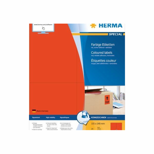 Štítky Herma Color, A4, 105 x 148 mm, červené, snímatelné...