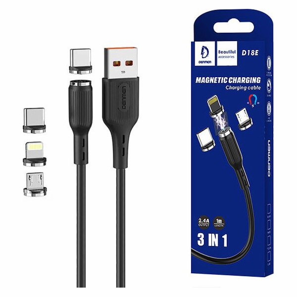 Denmen USB-A - USB-C + microUSB + Lightning kabel 1 m Čer...