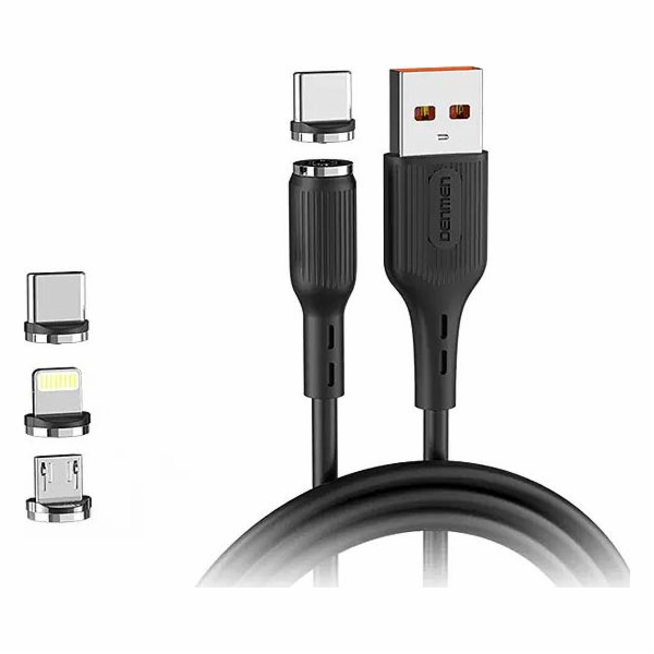 Denmen USB-A - USB-C + microUSB + Lightning kabel 1 m Čer...