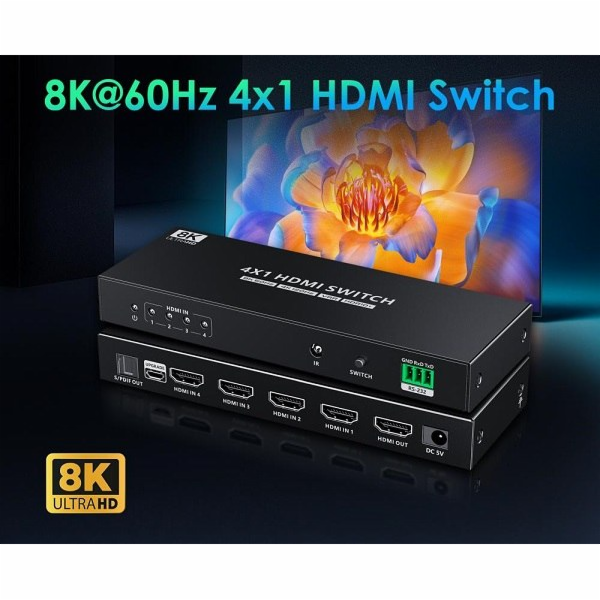 PremiumCord HDMI switch 4:1 s podporou rozlišení 8K@60Hz,...