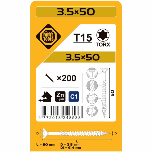 Vruty do dřeva FORTE TOOLS, 3,5×50 mm, ZN, TX15, 200 ks.