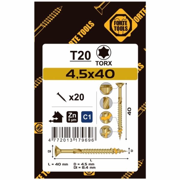 Vruty do dřeva 4,5 x 40 mm, ZN, TX20, 20 ks.