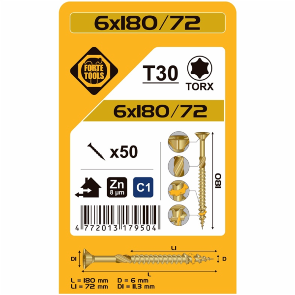 Vruty do dřeva 6 x 180/72 mm, ZN, TX30, 50 ks.