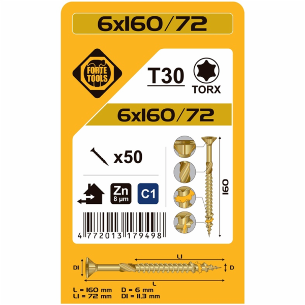 Vruty do dřeva 6 x 160/72 mm, ZN, TX30, 50 ks.