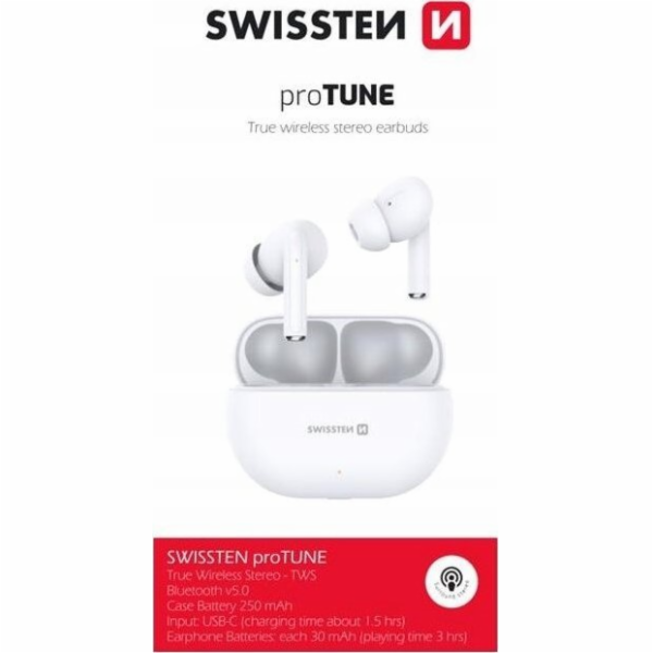 HF, sluchátka Bluethooth SWISSTEN proTUNE, TWS, bílá