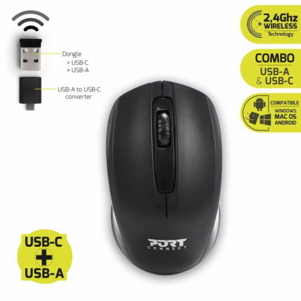 PORT bezdrátová myš Wireless office, USB-A/USB-C dongle, ...