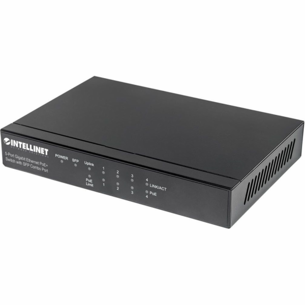 Gigabitový 5portový přepínač PoE+ s kombinovaným slotem SFP