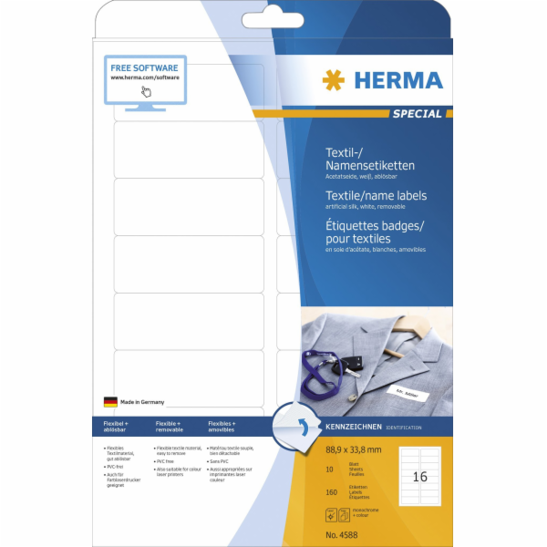 HERMA Textil/Namensetiketten A4 88,9x 33,8mm weiss 160 St.