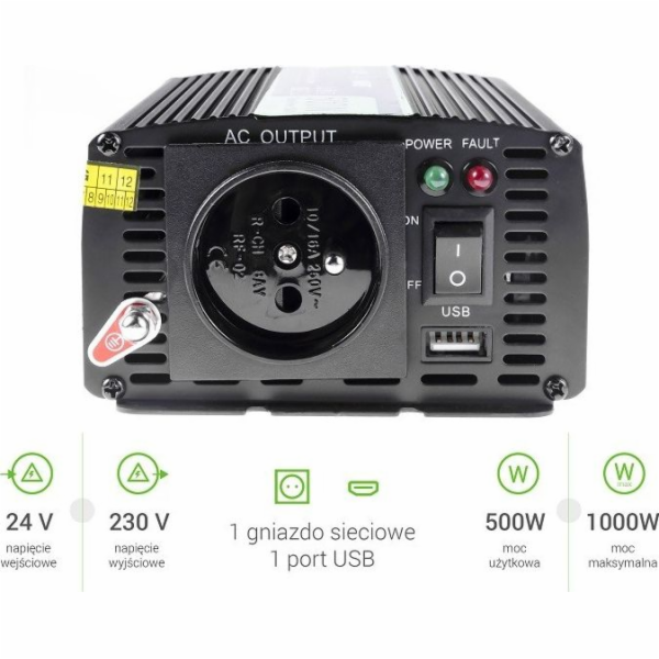 Převodník Green Cell 24V na 230V 500W/1000W