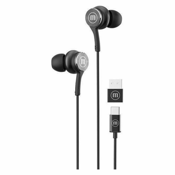 Maxell XC1 USB-C kabelová sluchátka s USB-A adaptérem černá