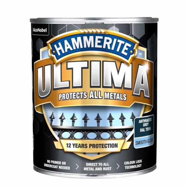 Barva na kov Hammerite Ultima Smooth, 0,7 l, antracit