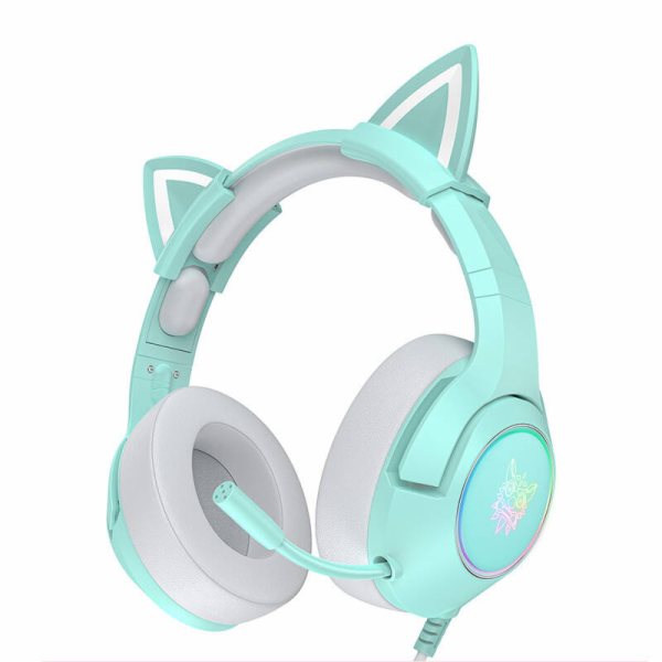 Herní sluchátka K9 RGB USB cat ears zelená (kabelová)