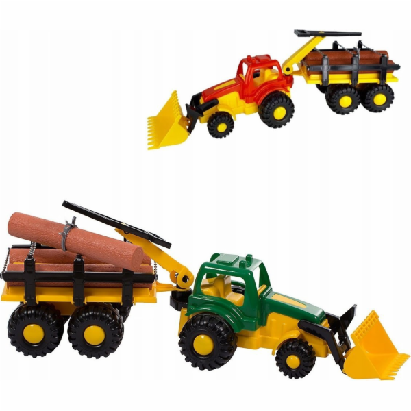 Traktor s přívěsem a dřevem