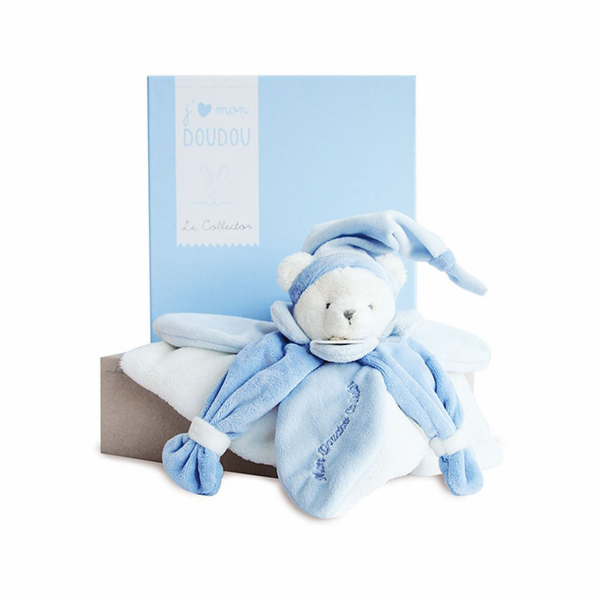 Doudou Dárková sada - plyšový muchláček modrý medvídek 24 cm