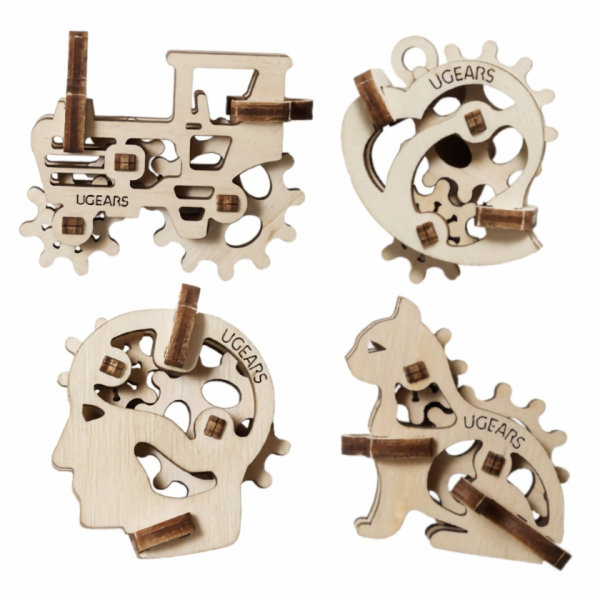 Ugears 3D dřevěné mechanické puzzle 4 mechanické přívěšky...
