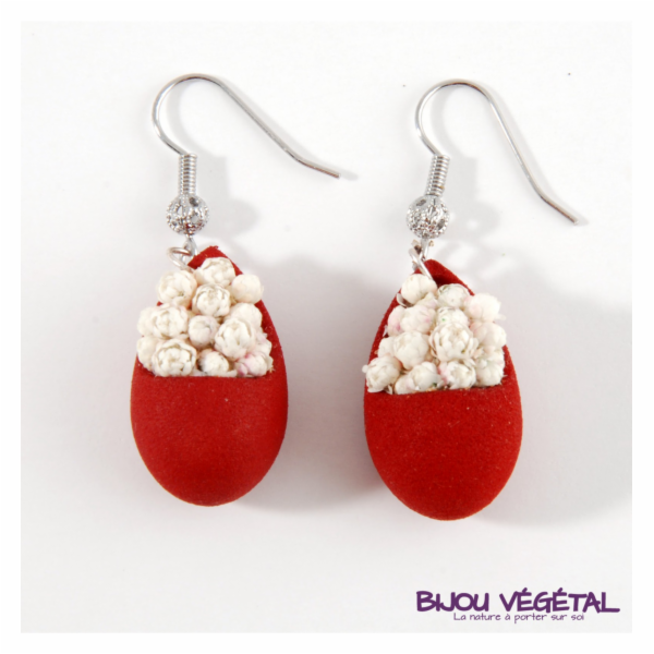 Živé šperky - Náušnice Slza červené  s trvalými bílými květy