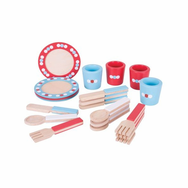 Bigjigs Toys Dřevěný jídelní servis s puntíky