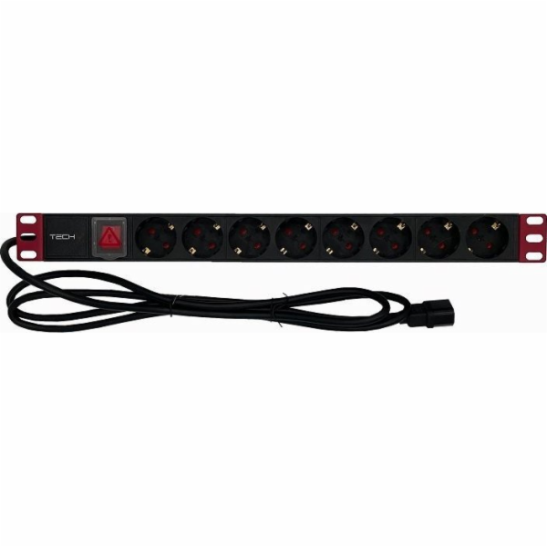 Techly Power strip Rack 1U 8x Schuko, vypínač, C14 kabel 2m