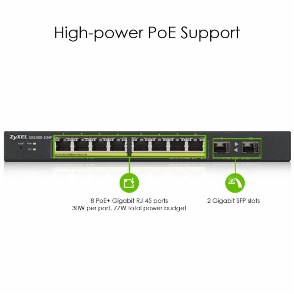 GS1900-10HP v2 switch 8port L2 PoE 2xSFP 70W 802.3at
