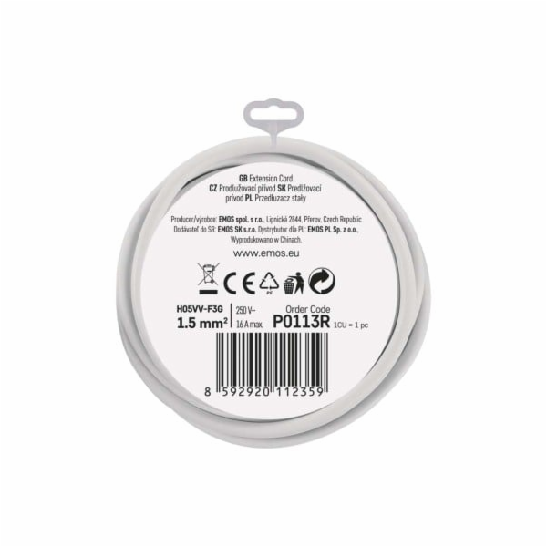 Prodlužovací kabel 3 m / 1 zásuvka / bílý / PVC / 1,5 mm2