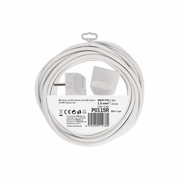 Prodlužovací kabel 5 m / 1 zásuvka / bílý / PVC / 1,5 mm2
