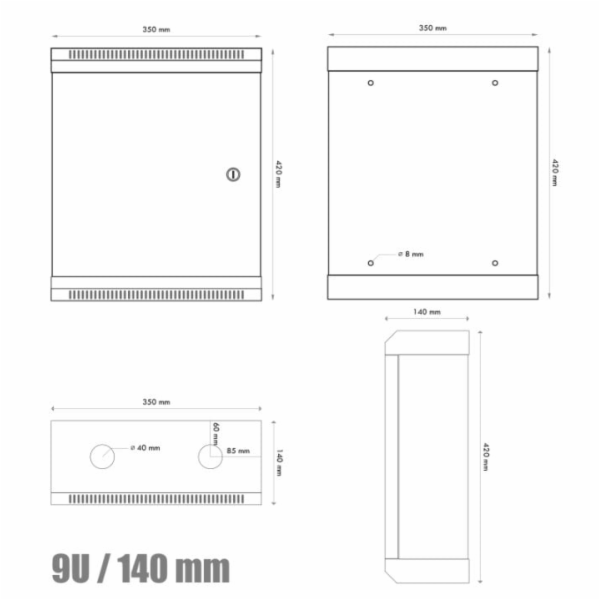 10" rack jednodílný 9U/140 DATACOM černý plech.dveře