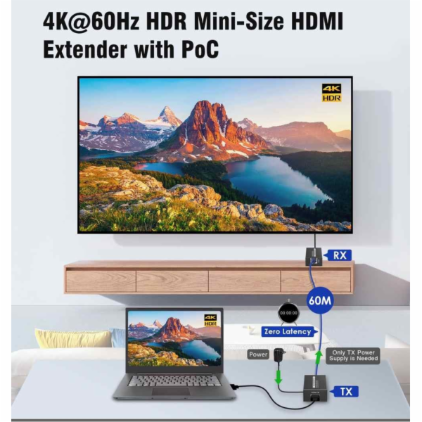 PremiumCord&nbsp;4Kx2K@60Hz&nbsp;HDMI2.0&nbsp;extender&nbsp;na&nbsp;60m&nbsp;přes&nbsp;jeden...