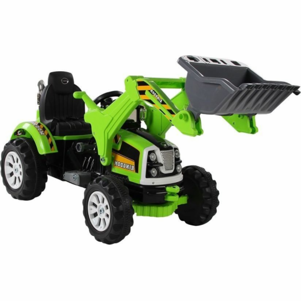 sportovní bateriový traktor s korečkovým rypadlem zelený