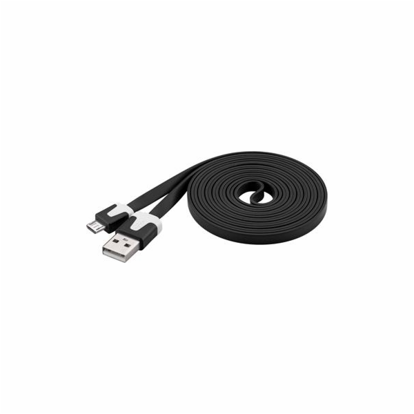 Kabel microUSB 2m, plochý PVC kabel, černý