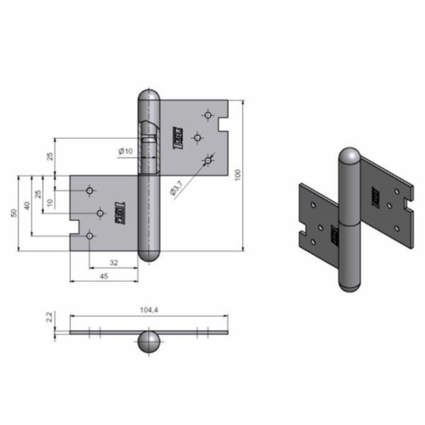 Zapuštěný pant dveří 100 mm, levý