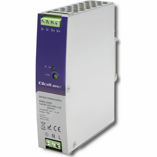 Qoltec 50905 Průmyslový napájecí zdroj na DIN lištu | 75W...