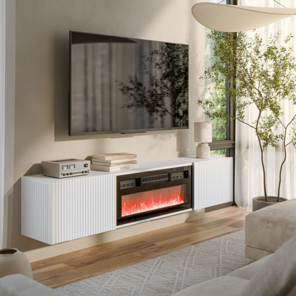 Cama RTV skříň ROTA 183x35x37 bílá matná + černý krb