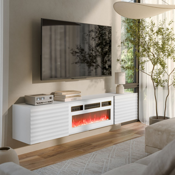 Cama RTV skříň TULA 183x35x37 bílá matná + bílá krbová římsa