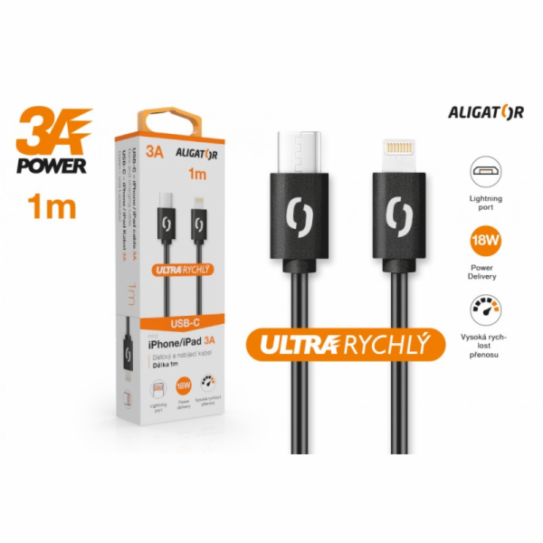 ALIGATOR Datový kabel POWER 3A, USB-C/lightning černý
