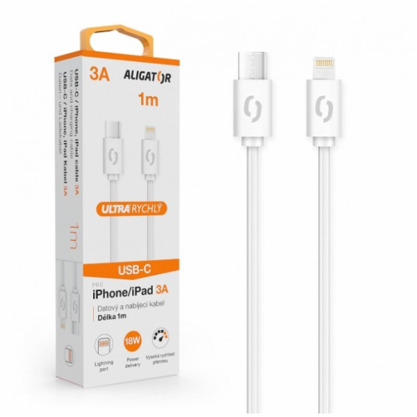 Aligator DATKP34 POWER 3A, USB-C/Lightning, 1m, bílý Dato...