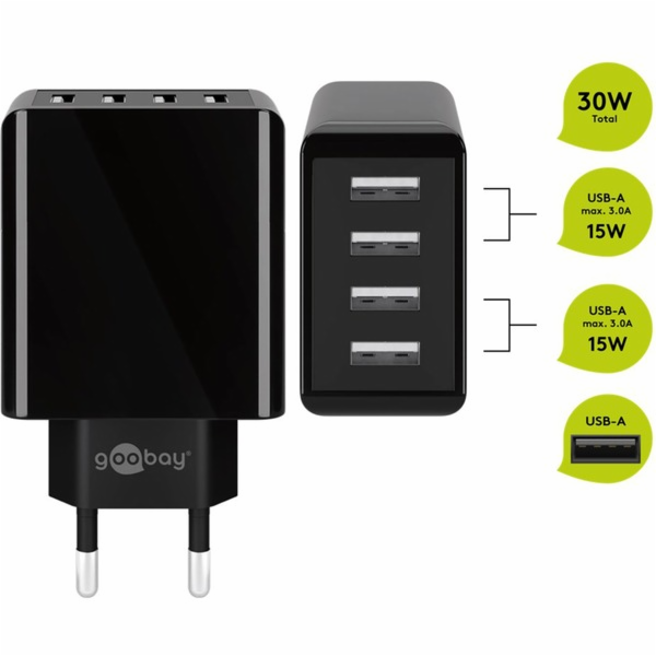 goobay 4cestná USB nabíječka (30W) černá