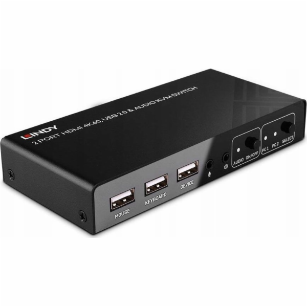 Lindy 2portový KVM přepínač HDMI 4K60, USB 2.0 a zvuk, KV...