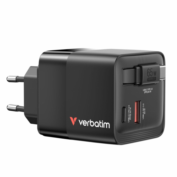 Verbatim Gan Charger 65W 2xUSB-C PD,1xUSB-A, retrac. Cabl...