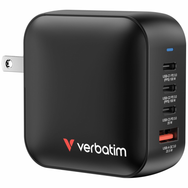 Verbatim Mini GaN Charger 100W 3xUSB-C PD, 1xUSB-A QC 3.0...