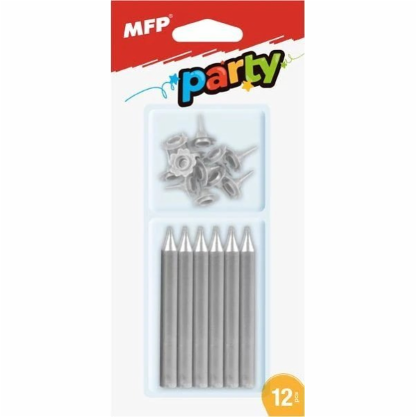 MFP Stříbrné MFP dortové svíčky, 12 ks + 12 ks držáky