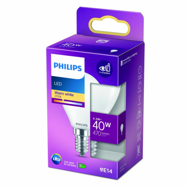 LED lampa Philips P45, 4,3W, E14, 2700K, 470lm, matná