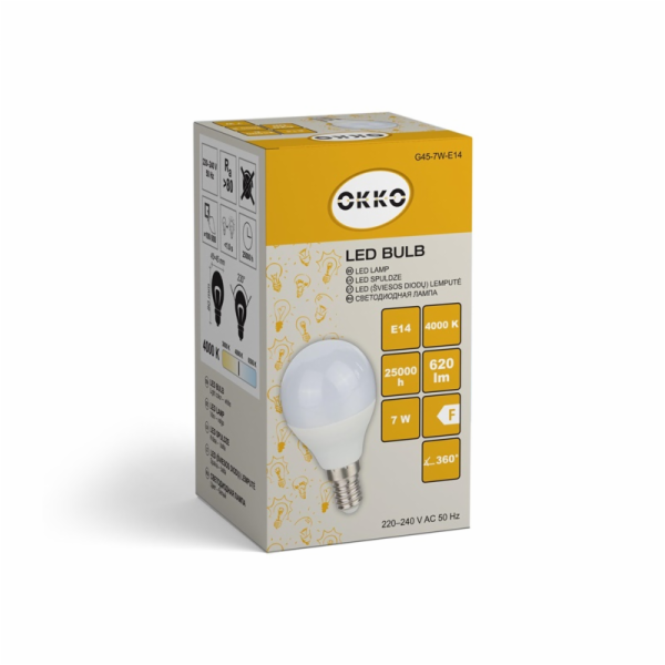 LED žárovka OKKO, G45, E14, 7 W, 630 lm, 4000 K