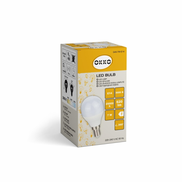 LED žárovka OKKO, G45, E14, 7 W, 620 lm, 3000 K