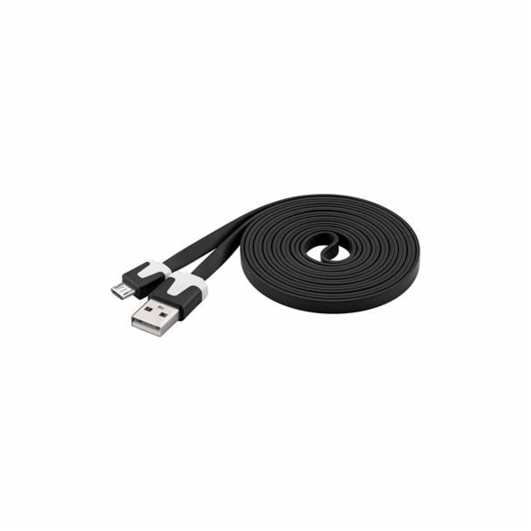 Kabel microUSB 2m, plochý PVC kabel, černý