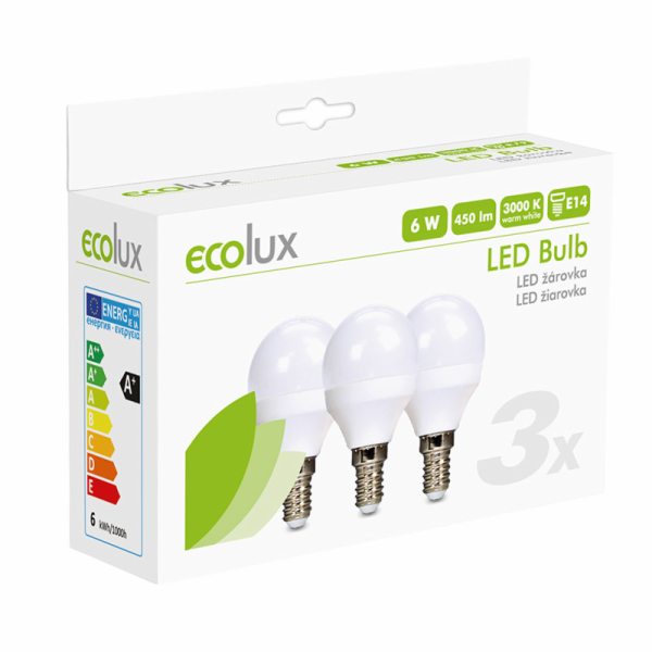 ECOLUX LED žárovka Ecolux 3-pack , miniglobe, 6W, E14, 30...