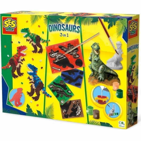 SES Sádrový odlitek 3v1 Dinosaurus, korálky, stírací hra