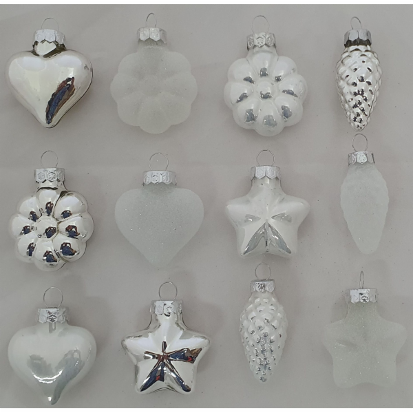 Ozdoba vánoční 12 ks mix druhů stříbrná/bílá