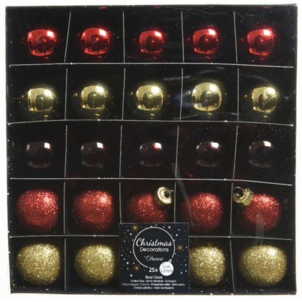 Ozdoba vánoční koule 25 ks / 3 cm červeno - zlatý mix