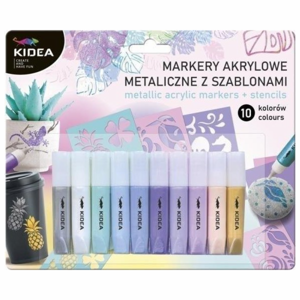 Derform Metallic akrylové fixy 10 barev se šablonami Kidea